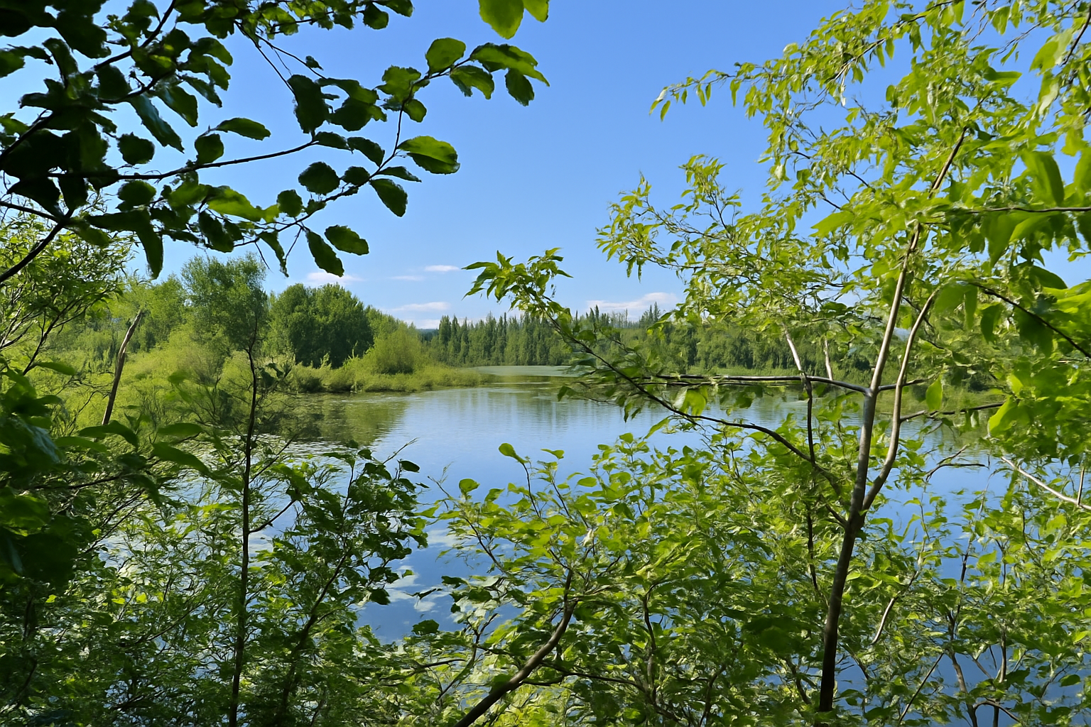 Vue paisible du Lac Caché entouré de verdure, représentant l’environnement naturel d’où sont extraites les pierres de la Lapidairerie.